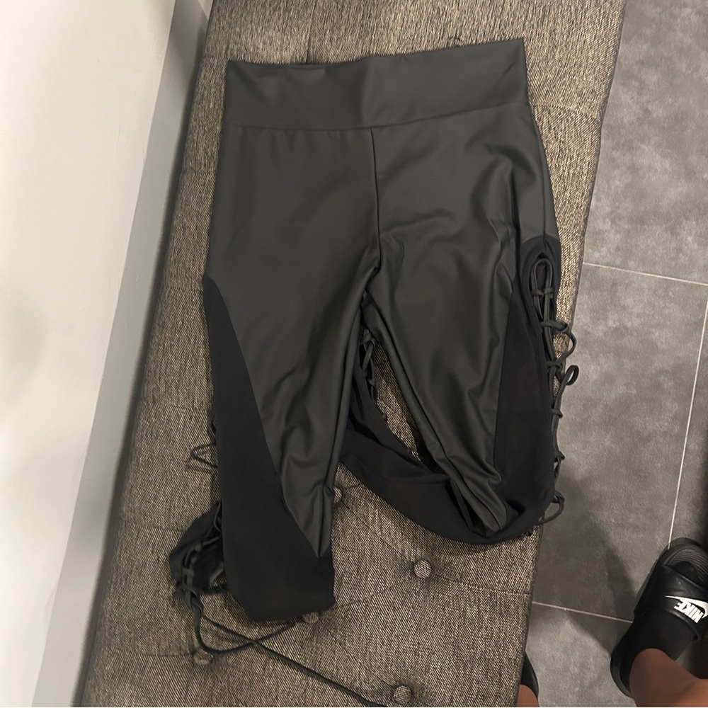 Killstar Black Vegan Leather Lace Up Leggings